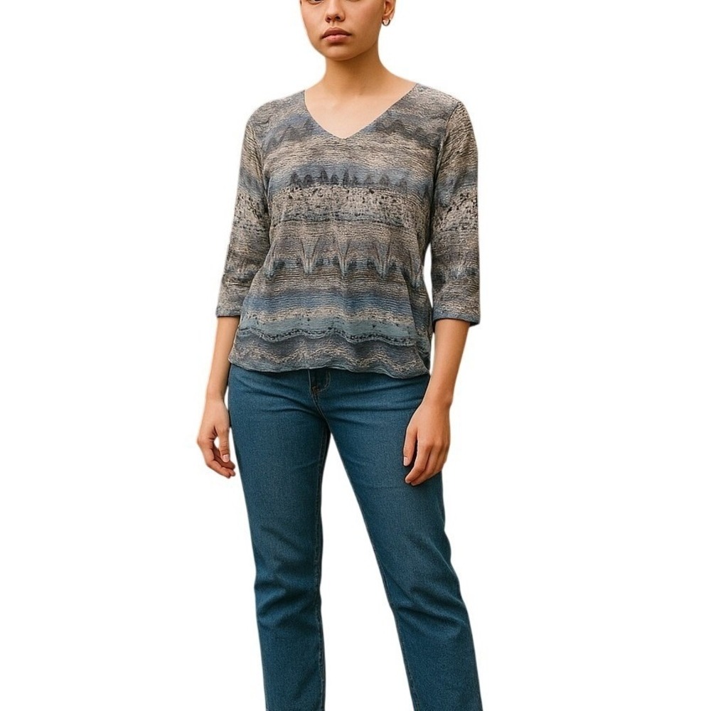 Energe Knit V-Neck Top Sweater Muted Multicolor 3/4 Sleeves Chiffon Trim-Western